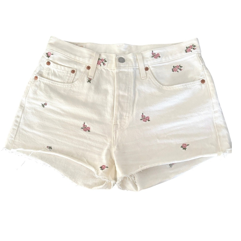 Levi Premium Denim Shorts 28 White 501 Original High Rise Cut Off Floral Rose